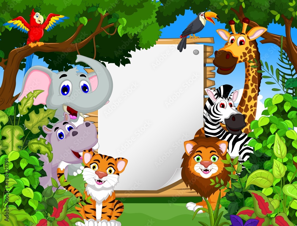 Naklejka premium funny animal cartoon with blank sign and forest background
