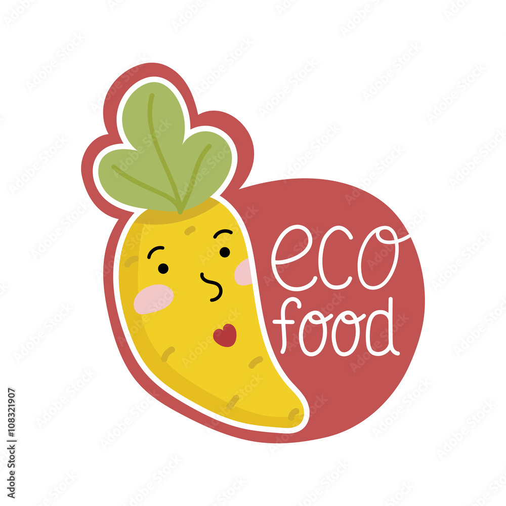 Organic food label isolated on white background. Logo for vegan menu or food. Cute cartoon vector illustration. Organic food label isolated on white background. Logo for vegan menu or food. Cute cartoon vector illustration.