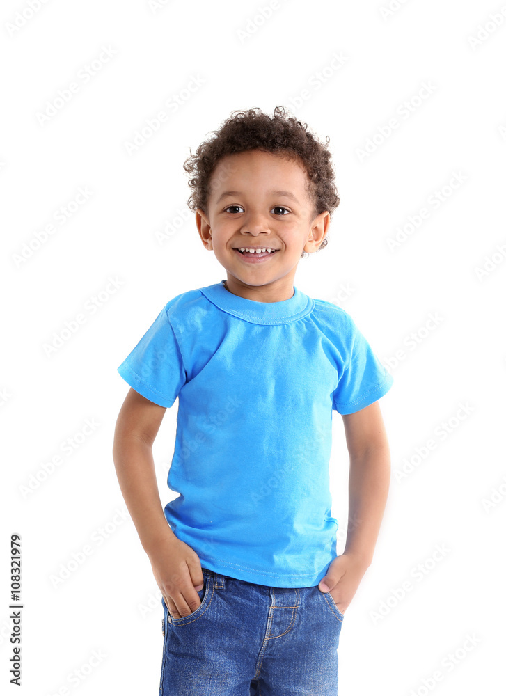 Little boy in blue shirt isolated on white background Little boy in blue shirt isolated on white background