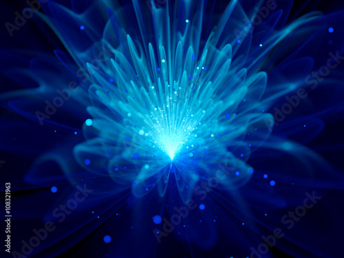 Blue glowing flower fractal with particles
