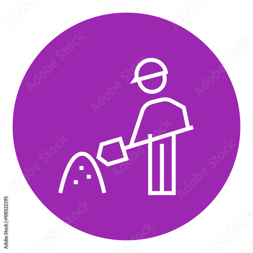 Man with shovel and hill of sand line icon.