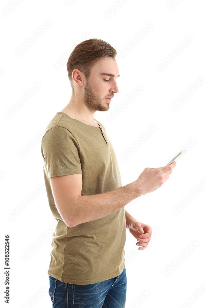Young man using smart phone, isolated on white Young man using smart phone, isolated on white
