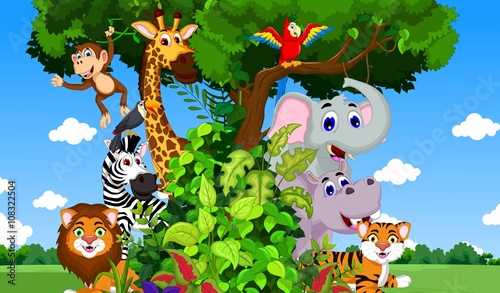 funny animals on the tree with forest landscape background