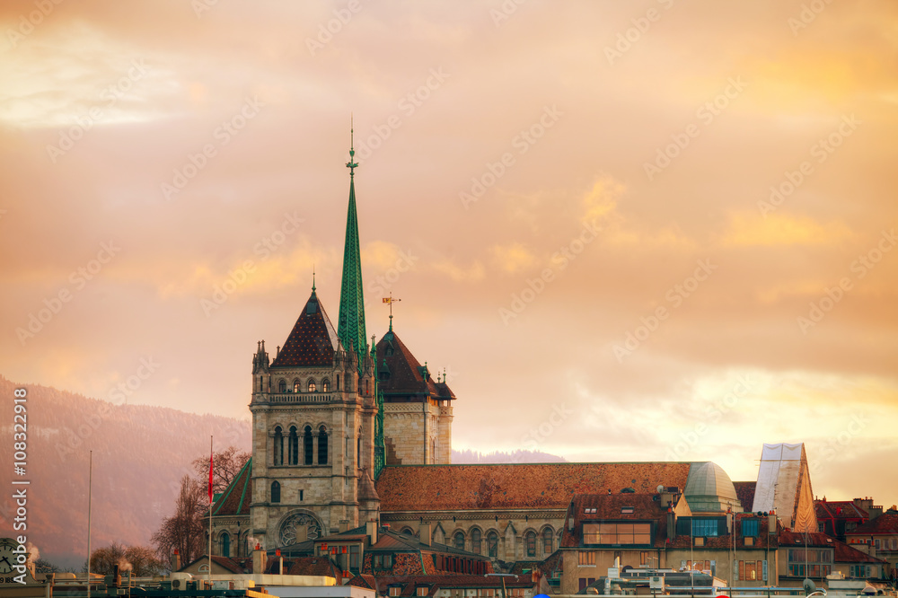 Geneva cityscape overview with St Pierre Cathedral