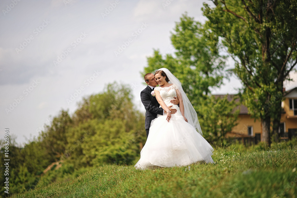 Gorgeous wedding couple on the hill, groom kiss bride