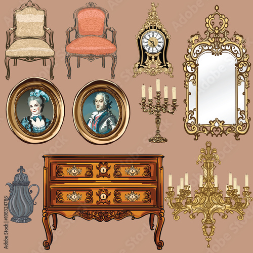 Collection of objects style Louis XV