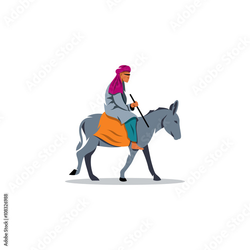 Oriental man dwarf donkey. Vector Illustration.