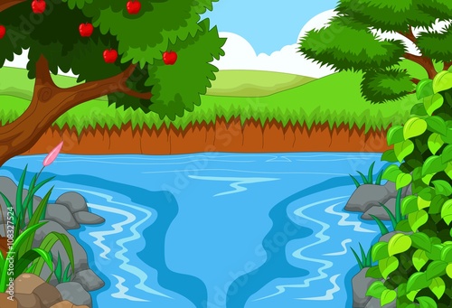 beautiful view of the river cartoon with forest landscape background