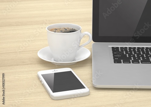 Laptop smartphone and coffee cup on wood. 3d rendering.