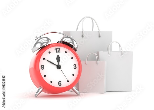 alarm clock and shopping bag (time to buy concept). 3d rendering.