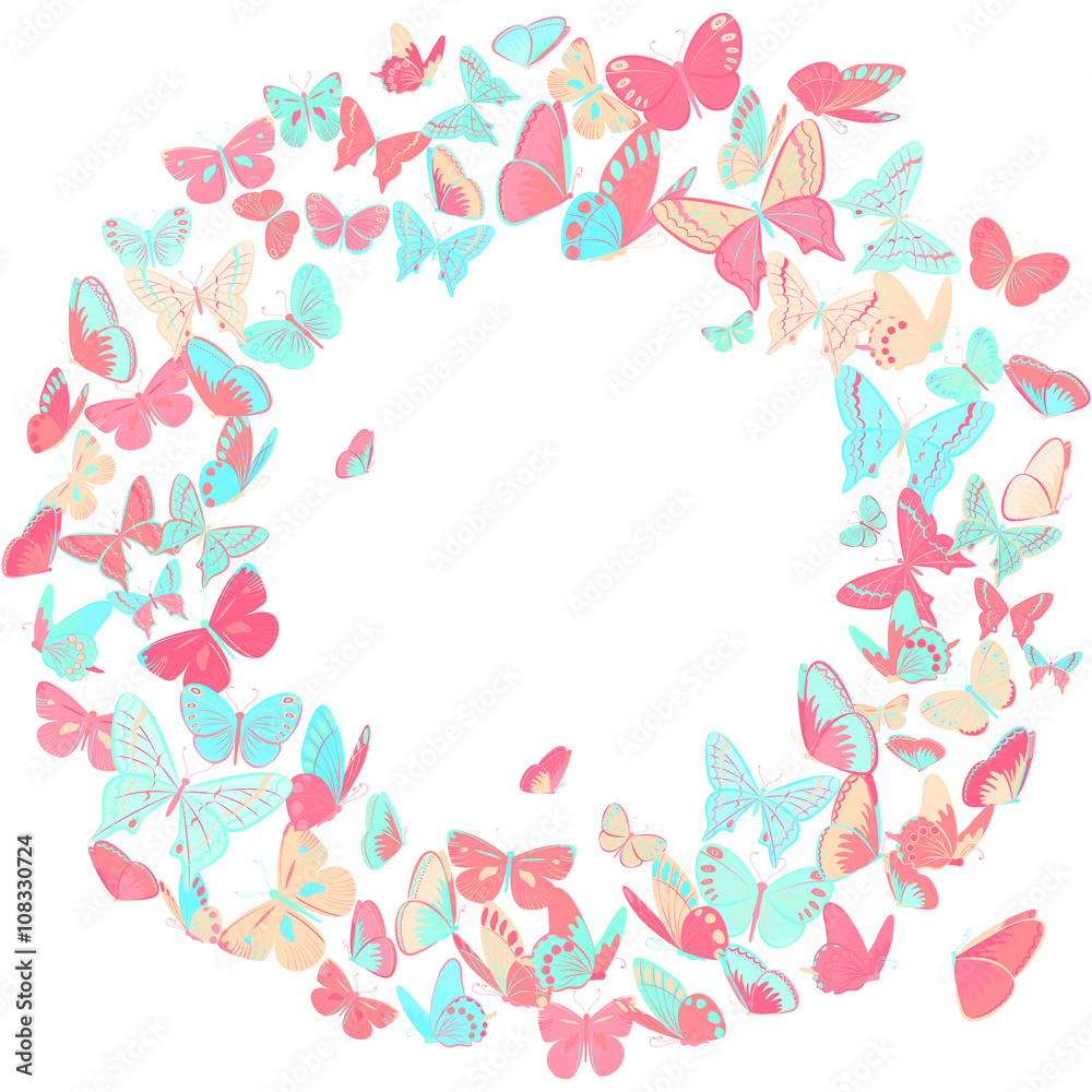Butterfly frame, wreath design element in pink and blue Butterfly frame, wreath design element in pink and blue