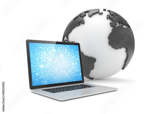 Laptop network and earth globe. 3d render