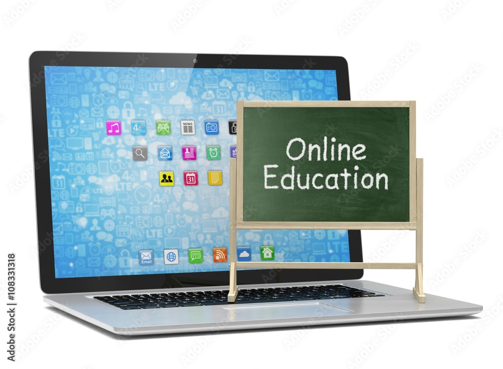 Laptop with chalkboard, online education concept. 3d rendering. Laptop with chalkboard, online education concept. 3d rendering.