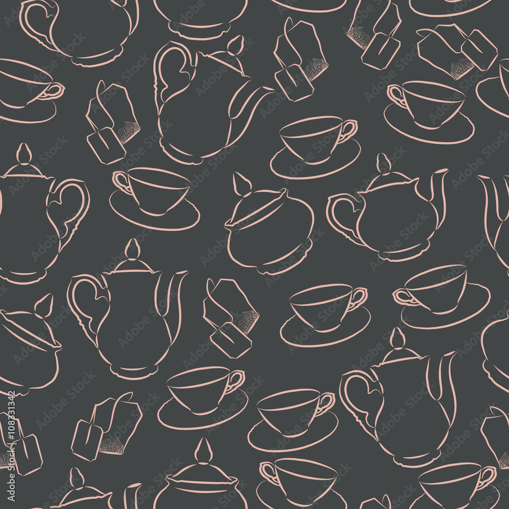 vector seamless pattern tea time, sketch vector seamless pattern tea time, sketch