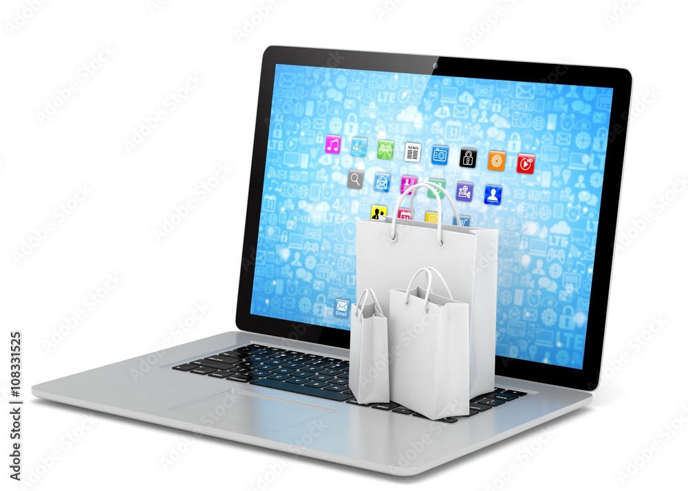 laptop and  shopping pags on white background. 3d rendering.
