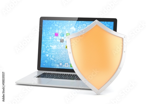 Free Download Laptop and shield on white, computer security concept. 3d rendering. - GFXLoad