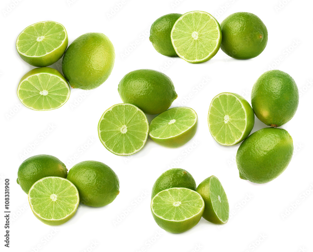 Served lime fruit composition isolated over the white background, set of different foreshortenings Served lime fruit composition isolated over the white background, set of different foreshortenings