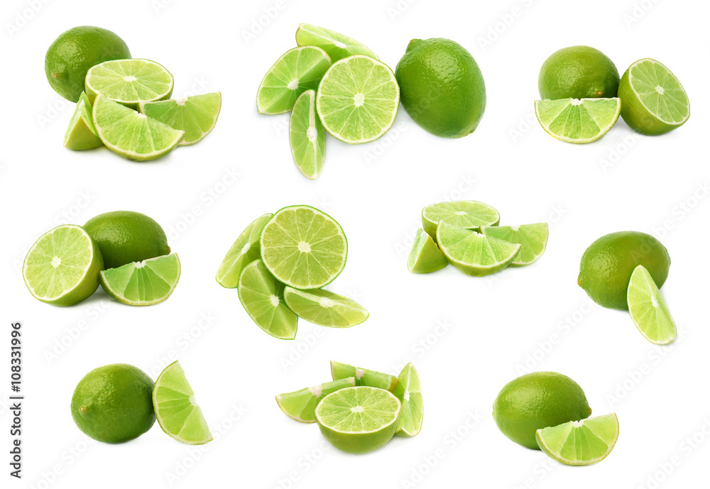 Served lime fruit composition isolated over the white background, set of different foreshortenings Served lime fruit composition isolated over the white background, set of different foreshortenings