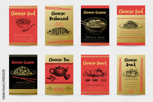 Vector hand drawn sketch chinese food banners set.