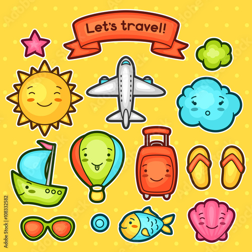 Set of travel kawaii doodles with different facial expressions. Summer collection cheerful cartoon characters sun, airplane, ship, balloon, suitcase and decorative objects