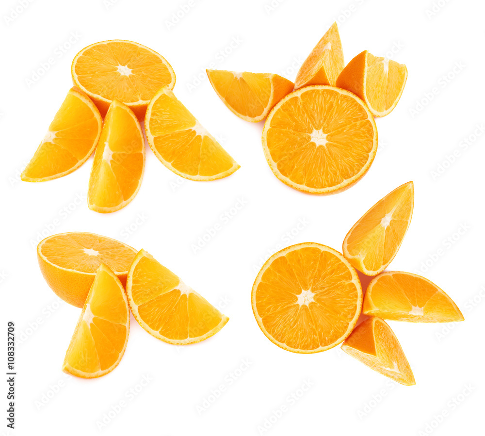 Served orange fruit composition isolated over the white background, set of different foreshortenings