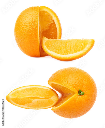 Fresh orange cut in slices isolated over the white background  set of different foreshortenings