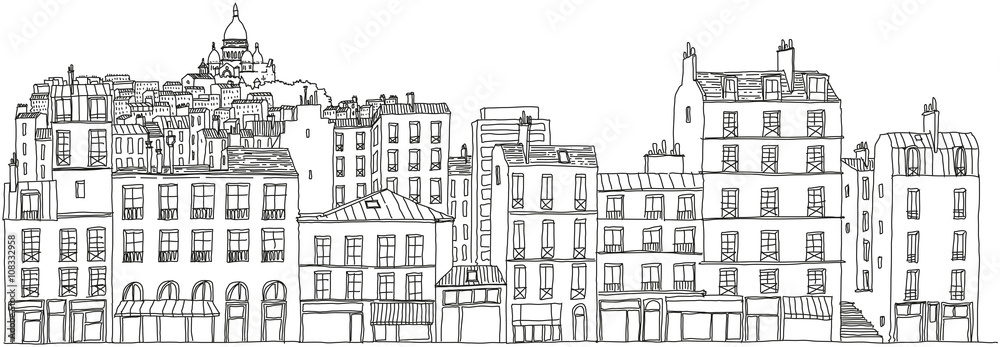 Facades d'immeubles parisiens avec Montmartre-Sacré Coeur