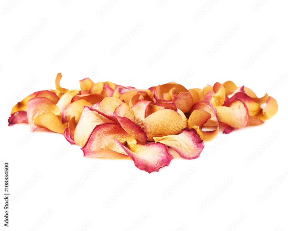 Pile of pink rose petals as a romantic composition over white background Pile of pink rose petals as a romantic composition over white background