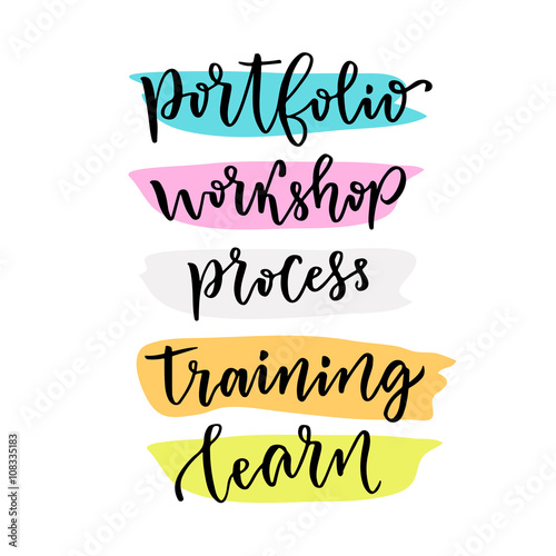 Learning lettering for blog icons. Vector hand lettering elements for presentation, course design, website decoration. Portfolio, workshop, process, training, learn