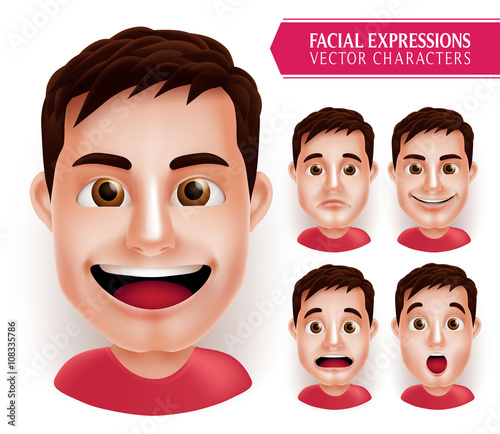 Set Man Head Emotions in 3D Realistic with Different Facial Expression Isolated in White Background. Vector Illustration
