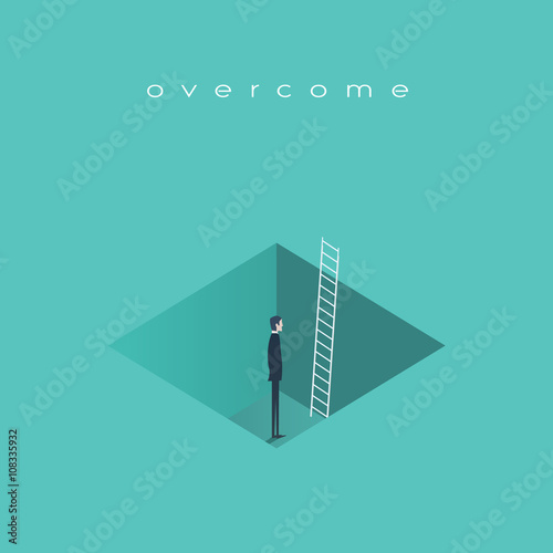 Business challenge concept, man standing in a hole with ladder. Finding solution, recover from crisis symbol.