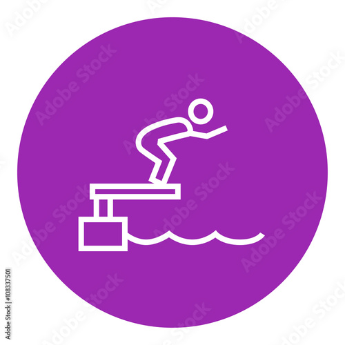 Swimmer jumping from starting block in pool line icon.