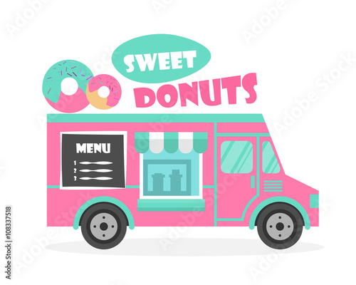 Street food truck vector illustration. Ice cream, sweet donuts van delivery. Flat icon