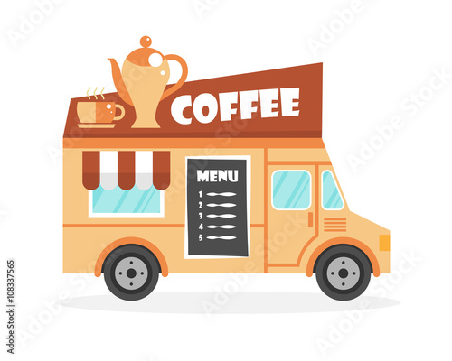 Street food truck vector illustration. Coffee drink van delivery. Flat icon