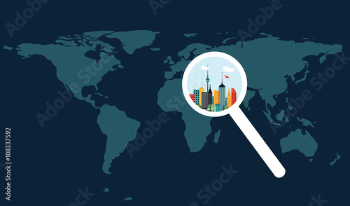 World map and city increased by magnifier