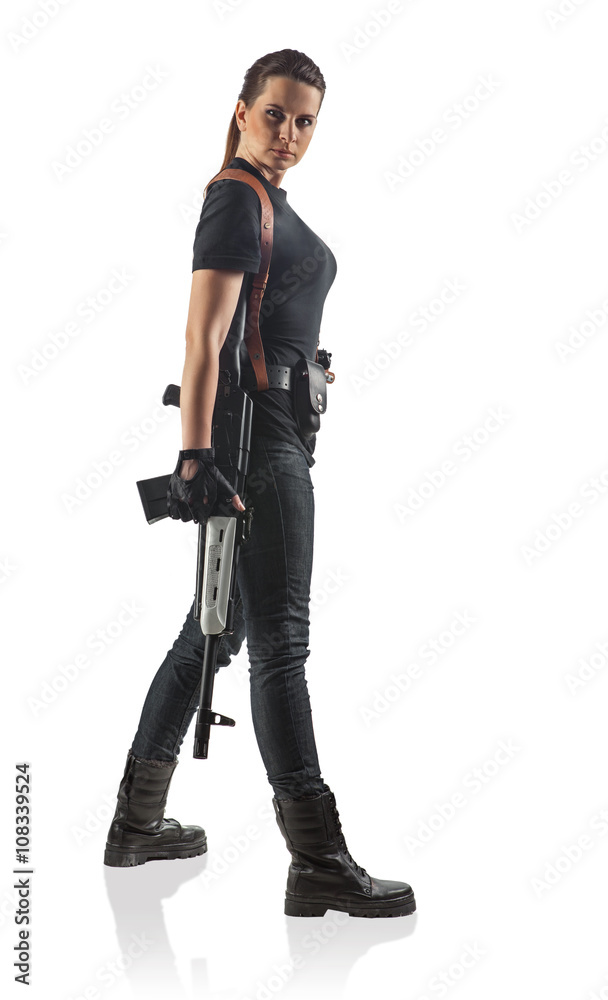 Woman police officer is holding Kalashnikov. Isolated on white. Woman police officer is holding Kalashnikov. Isolated on white.