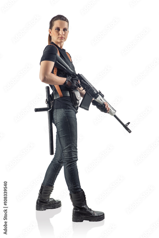 Woman police officer is holding Kalashnikov. Isolated on white. Woman police officer is holding Kalashnikov. Isolated on white.
