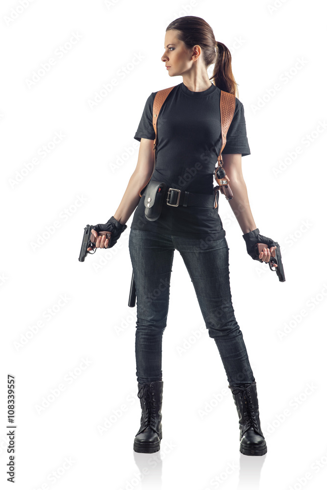 Woman police officer is holding Kalashnikov. Isolated on white. Woman police officer is holding Kalashnikov. Isolated on white.