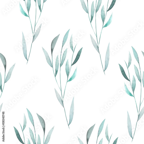 Seamless floral pattern with the watercolor green leaves on the branches  hand drawn on a white background