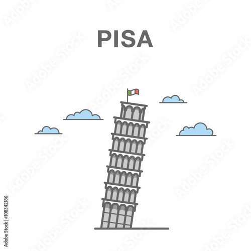 Pisa Leaning Tower in Italy. Italian landmark colored illustration.