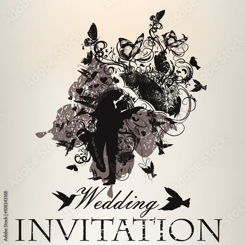 Wedding invitation with beautiful couple bridal and bride with b