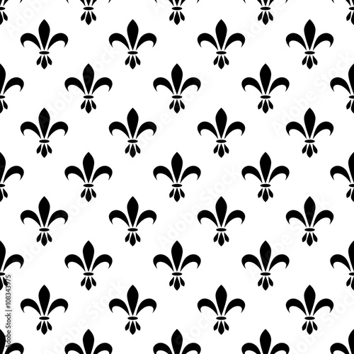 Fleur de lis seamless vector pattern. French vintage stylized lily flower luxury royal symbol. Monarchy iris sign black on white.