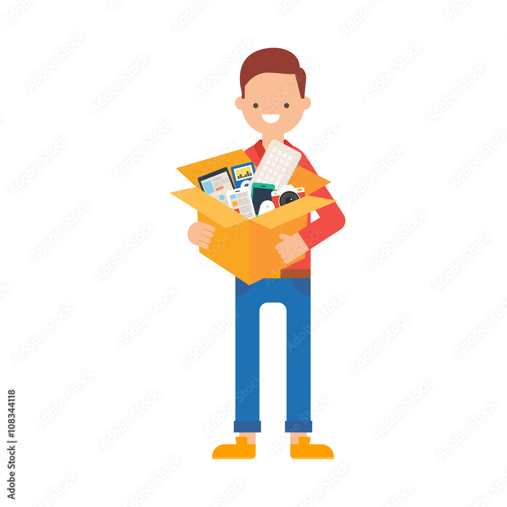 Vector illustration of a man holding a box of electronic gadgets