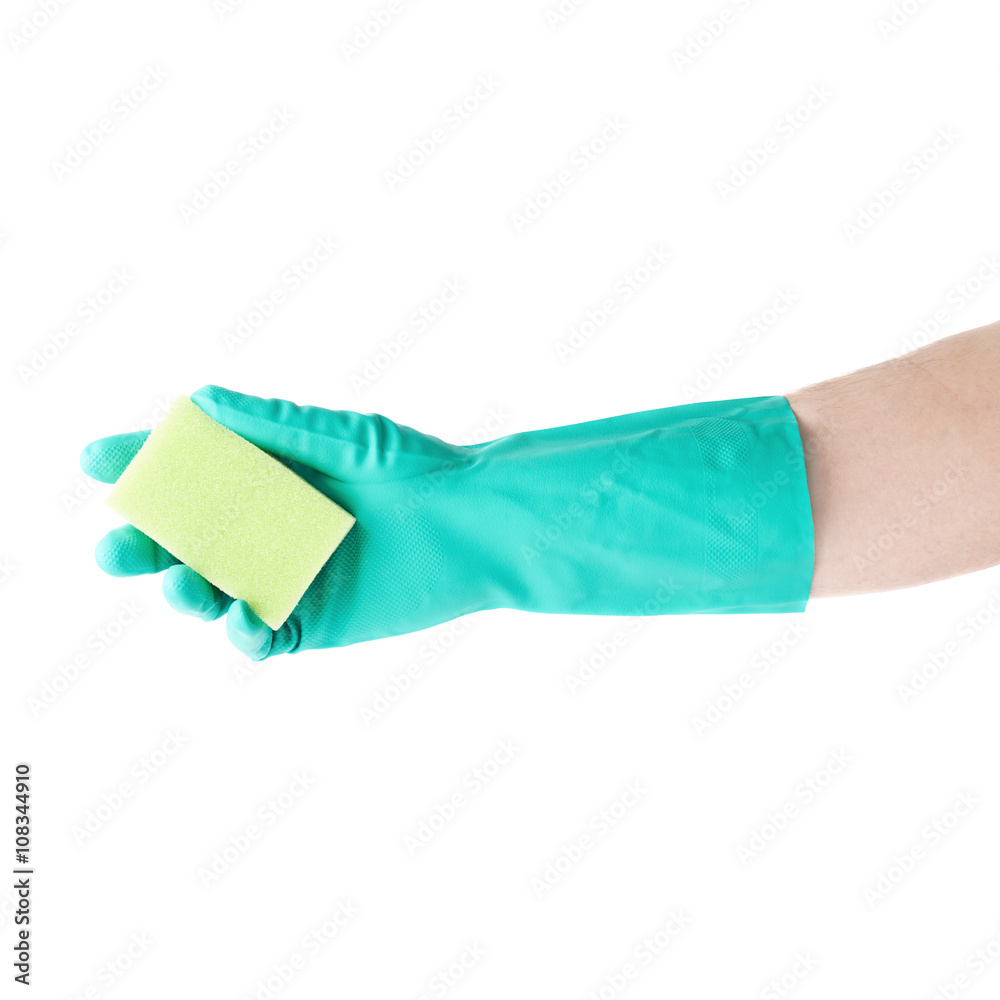 Hand in rubber latex glove holding kitchen sponge over white isolated background Hand in rubber latex glove holding kitchen sponge over white isolated background