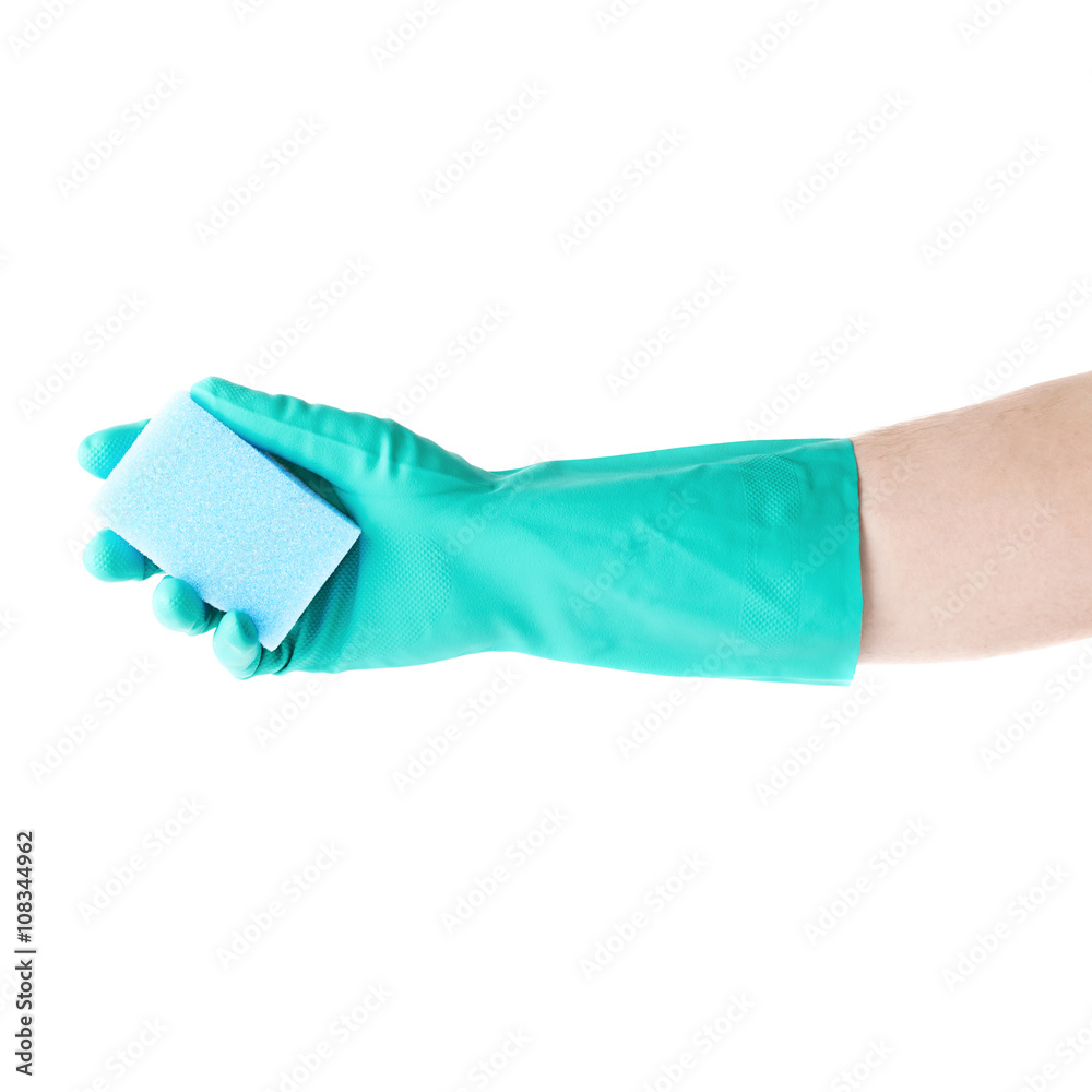 Hand in rubber latex glove holding kitchen sponge over white isolated background Hand in rubber latex glove holding kitchen sponge over white isolated background