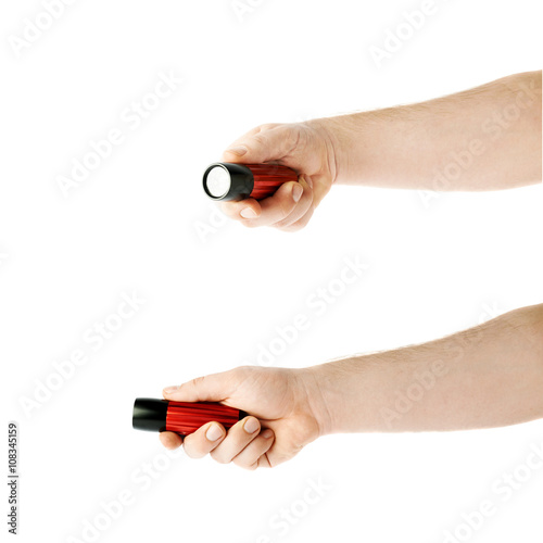 Set of hand holding a flashlight torch, composition isolated over the white background