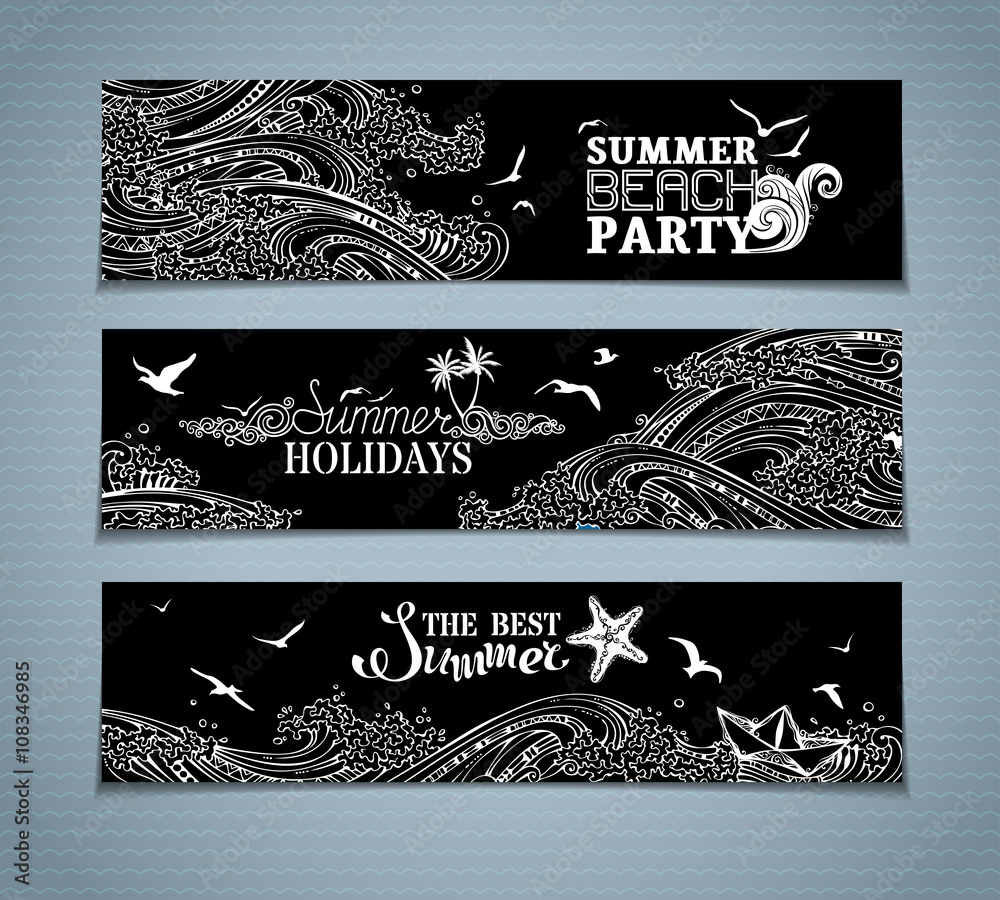 Vector set of chalk sea/ocean horizontal banners.