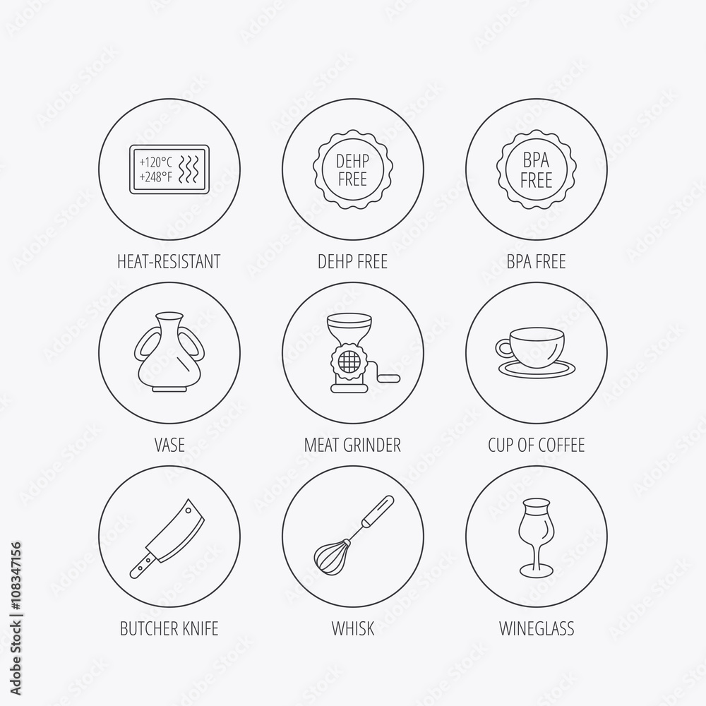 Coffee cup, butcher knife and wineglass icons.