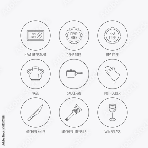 Saucepan, potholder and wineglass icons.
