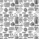 Abstract black and white seamless pattern with hand drawn ethnic motifs